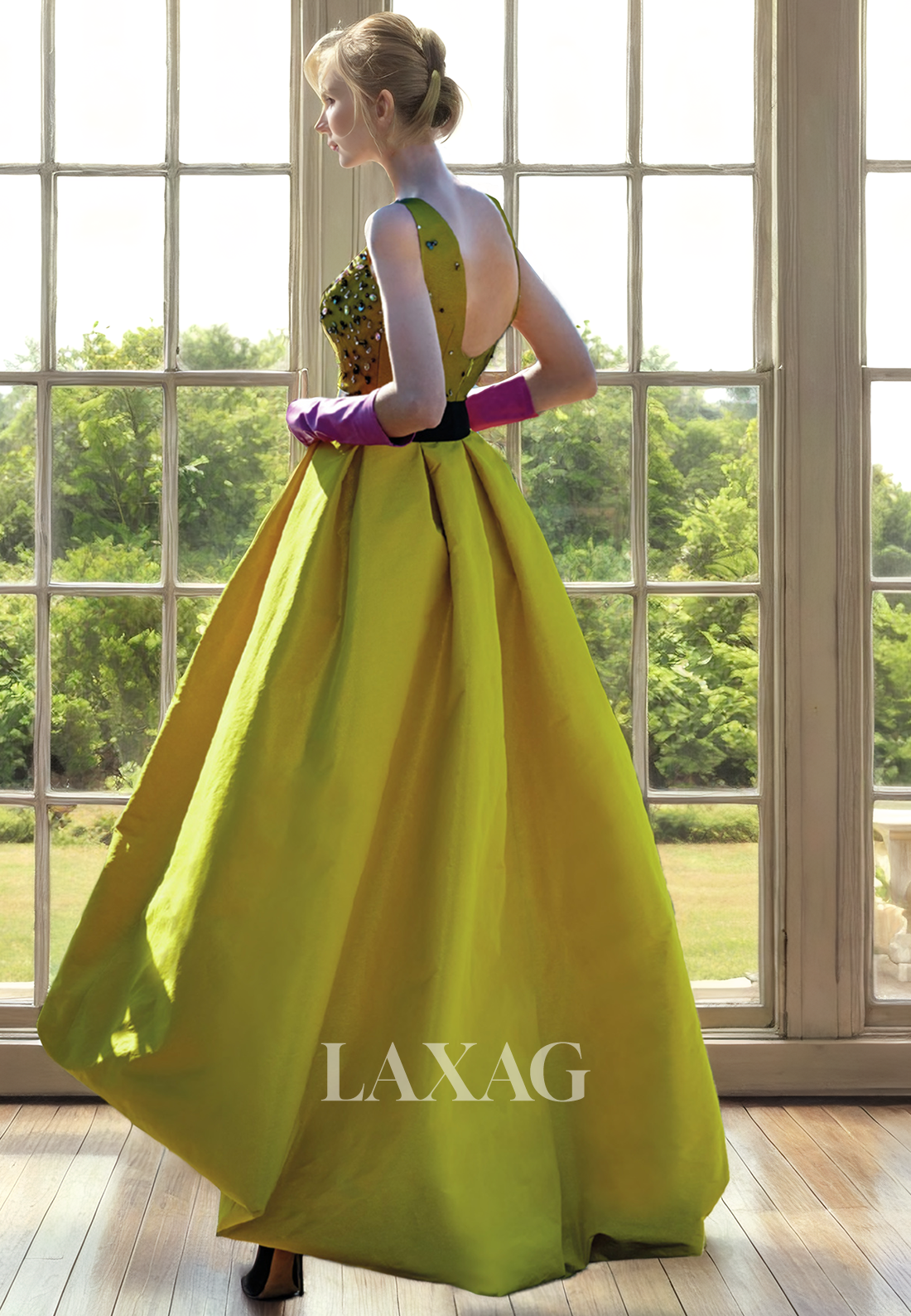 23080 - A-Line V-Neck Open Back Beaeded Sleek Satin Cocktail Party Formal Evening Dress