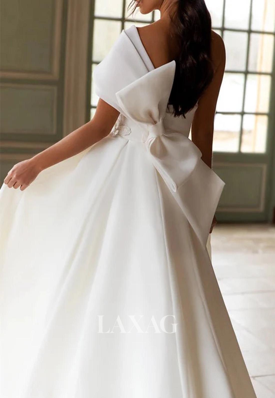 Asymmetrical-Neck Sleeveless Bride Gowns Applique Pleated High Slit Chiffon A-Line Wedding Dress
