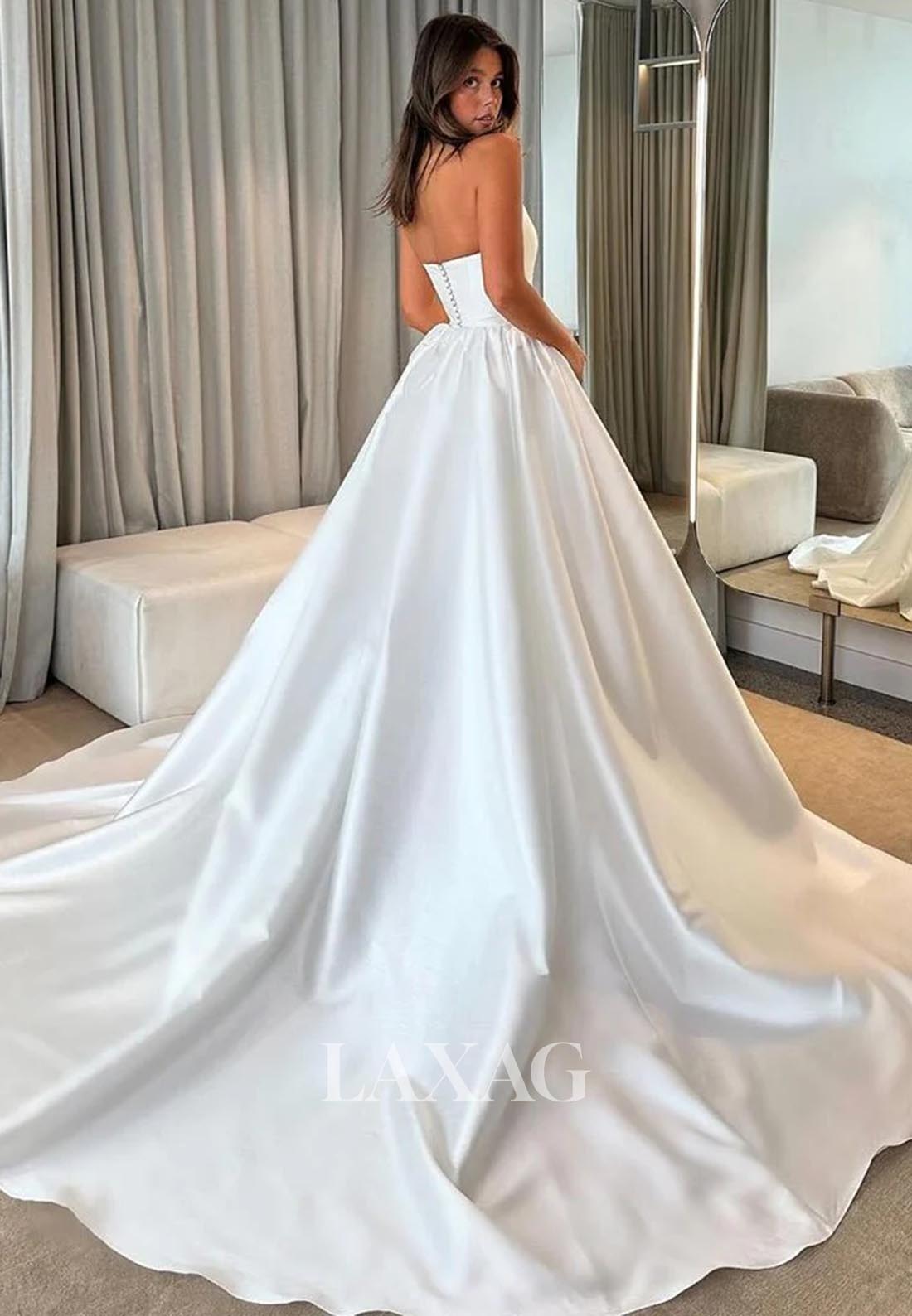 Simple Scoop-Neck Off-Shoulder Sleeveless Pleated Backless Satin A-Line Wedding Dress with Train