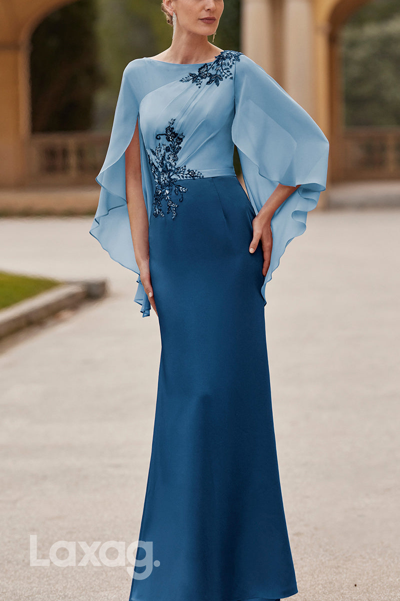 22999 - Bateau Half Sleeves Appliques Beaded Sleek Satin Mother of the Bride Dress