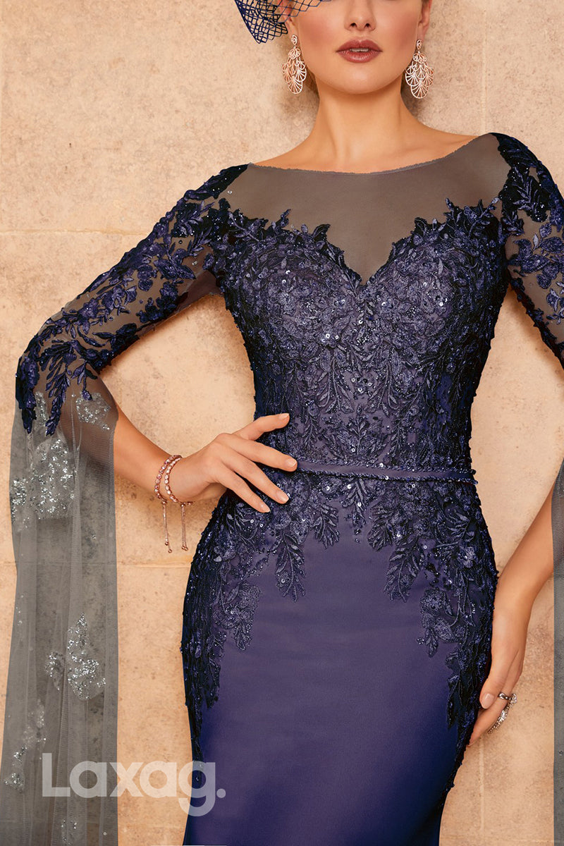22928 - Bateau Long Sleeves Lace Appliques Sequins Sleek Satin Mother of the Bride Dress