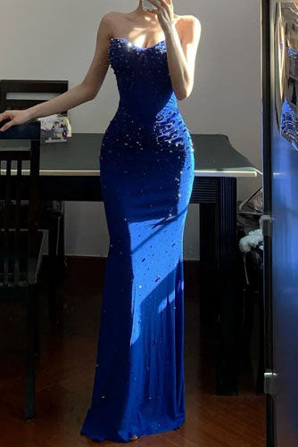 Off-Shoulder V-Neck Sleeveless Fully Beaded Satin Floor-Length Mermaid Prom Dress