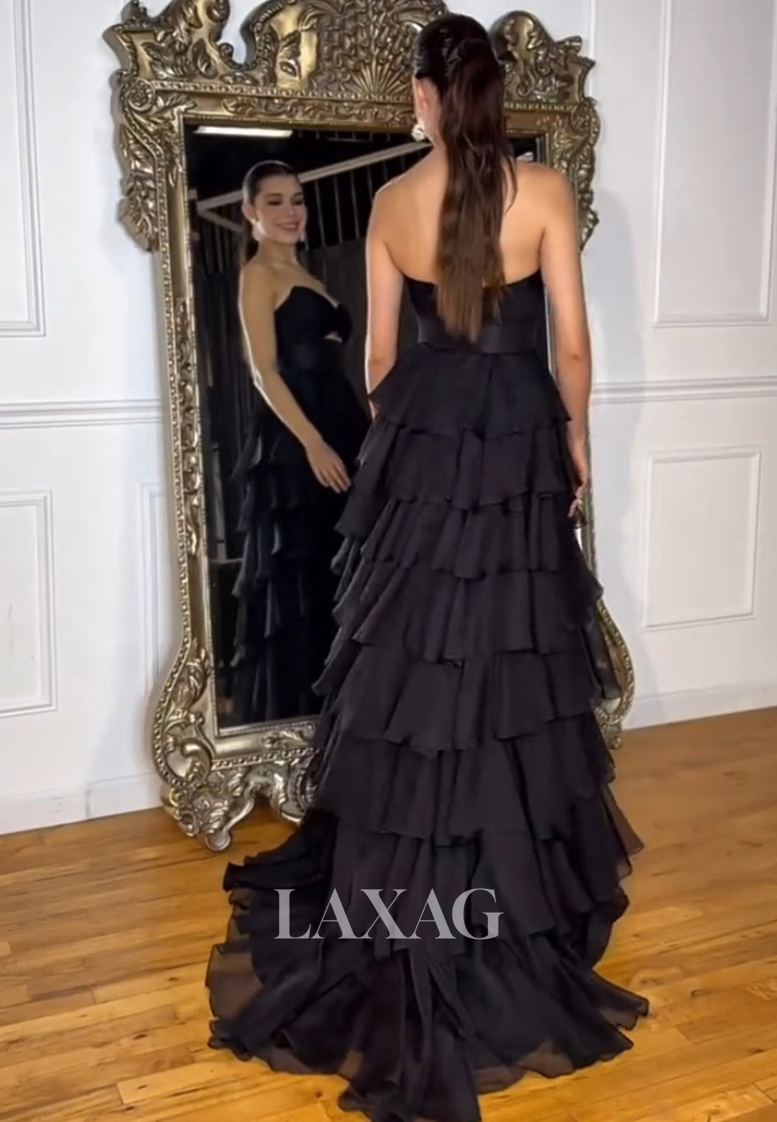 Sweetheart Off-Shoulder Sleeveless Pleated Tiered Sweep Train A-Line Formal Prom Dress with Slit