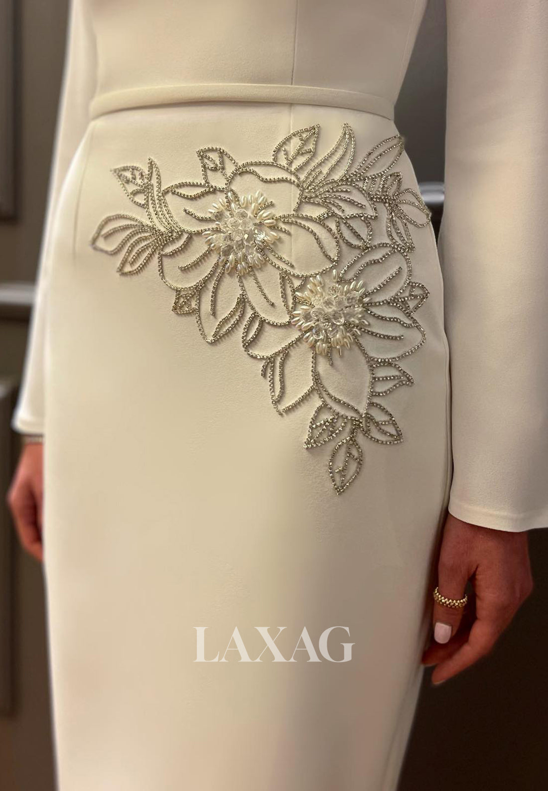 Beaded Ankle-Length Mermaid Wedding Dress Scoop-Neck Long-Sleeves Satin Bride Gowns