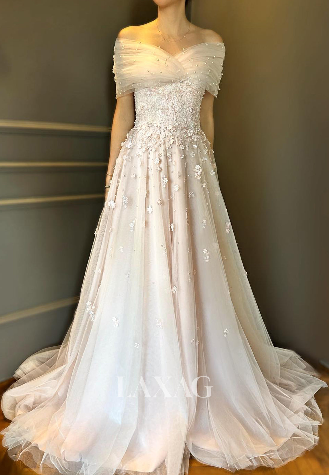 V-Neck Off-Shoulder Sleeveless Beaded Floral Embellished Pleated Tulle A-Line Wedding Dress