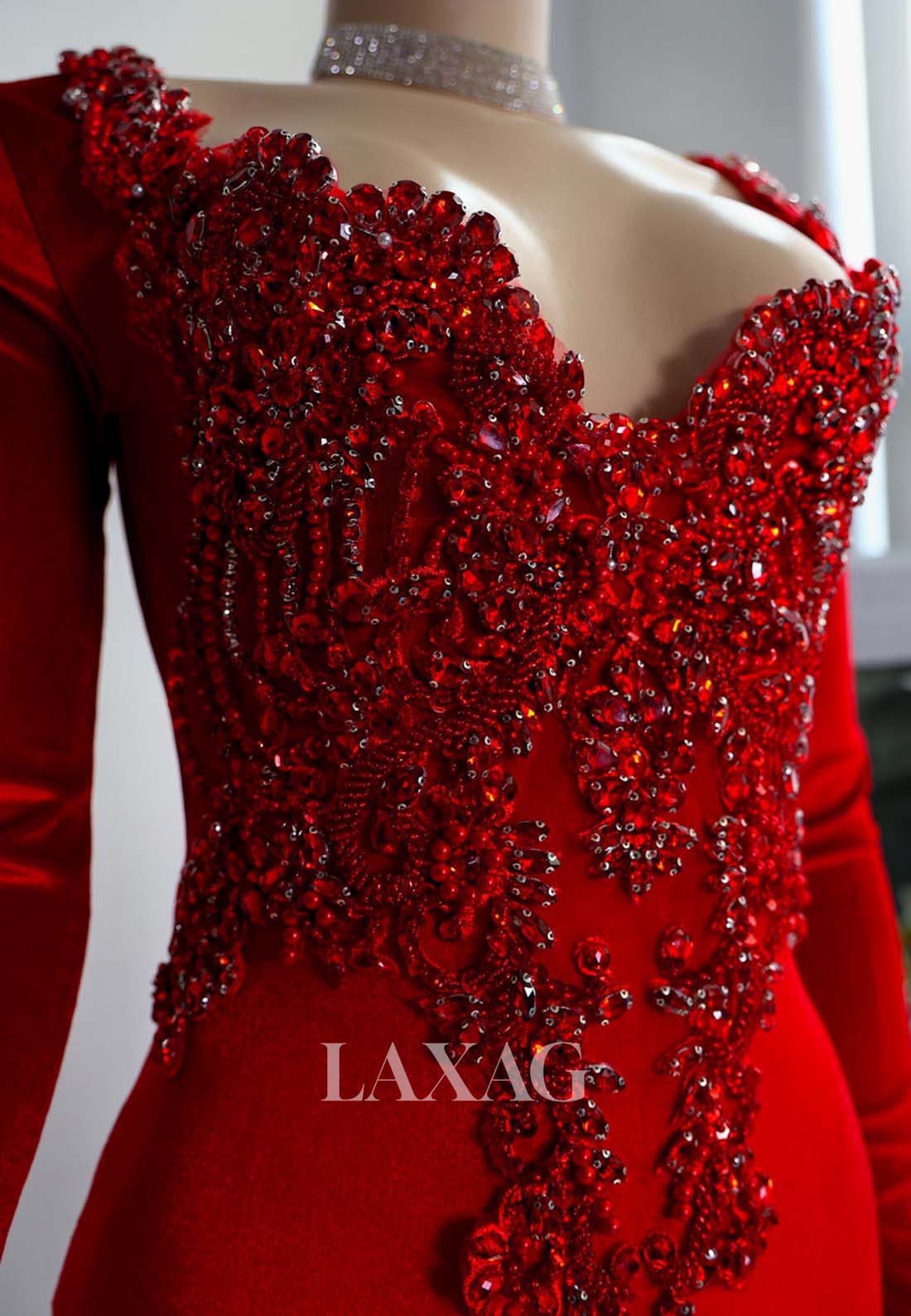 Sweetheart Long-Sleeves Beaded Slit Satin Mermaid Prom Dress for Black Girl Slay