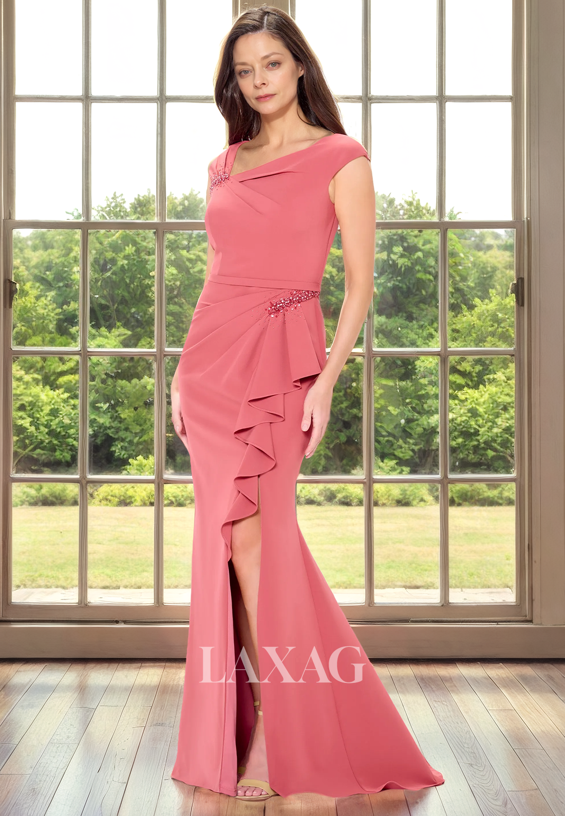 Cap Sleeves Beaded Pleated Sleek Satin Elegant Mother of the Bride Dress with Slit