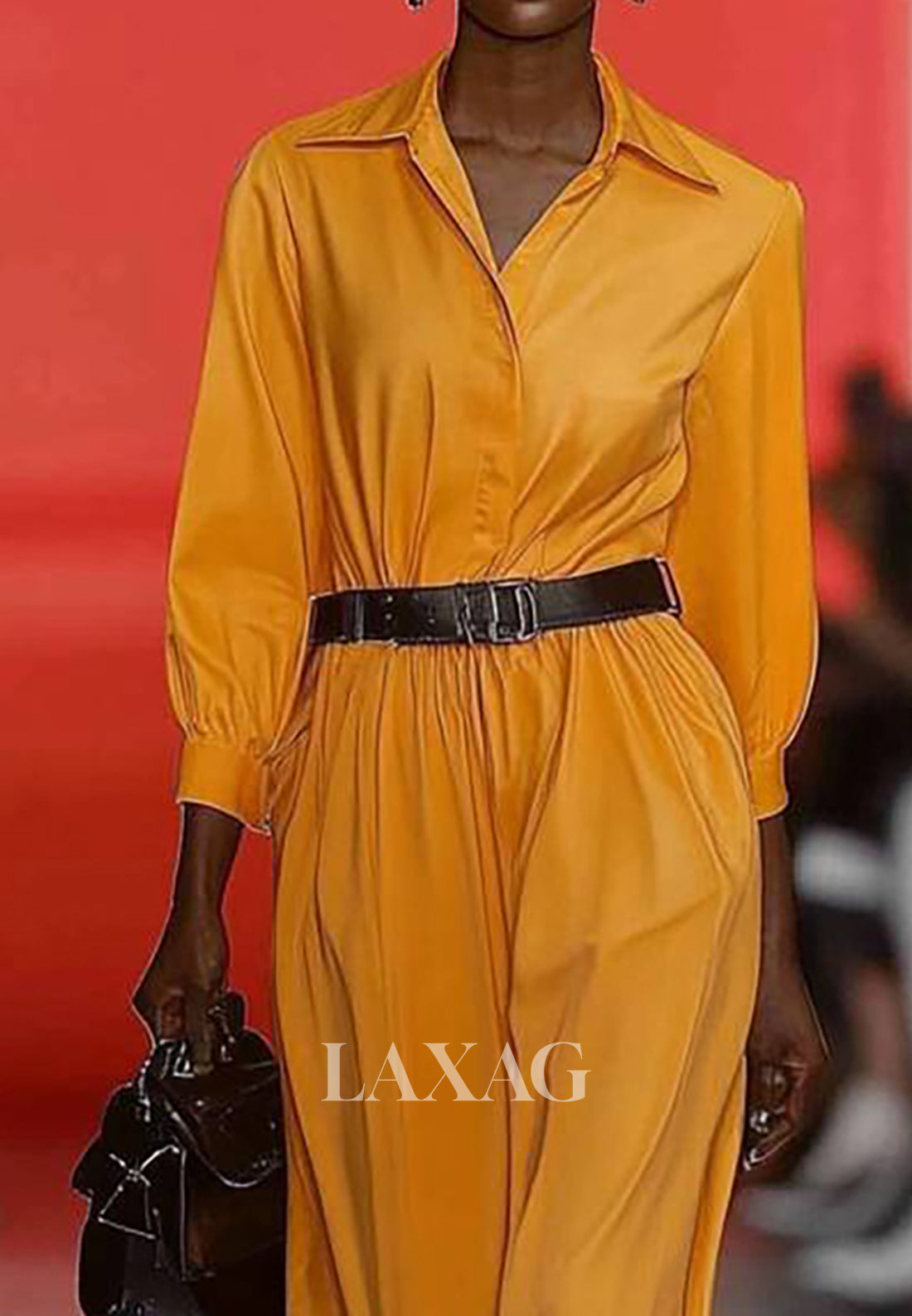 Collared V-Neck Long-Sleeves Pleated Satin Simple Jumpsuit with Belt