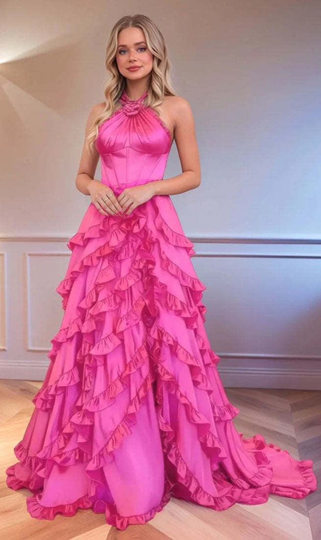Halter-Neck Off-Shoulder Sleeveless Floor-Length Chiffon Ruffled Pleated A-Line Prom Dress