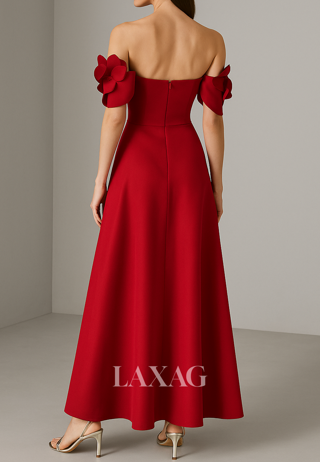 Floral Embellished Tube Top Sleeveless Ankle-Length Pleated Satin A-Line Evening Dress with Slit