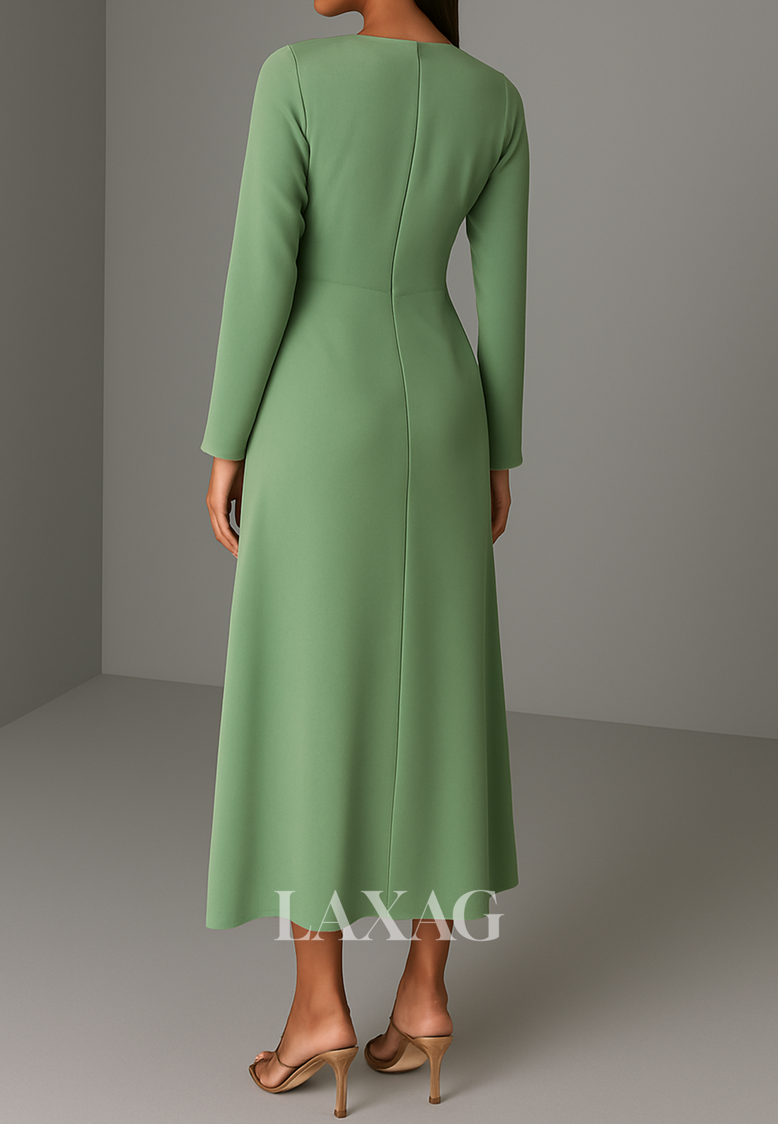 Simple Scoop-Neck Long-Sleeves A-Line Evening Dress Ankle-Length Satin Formal Gowns