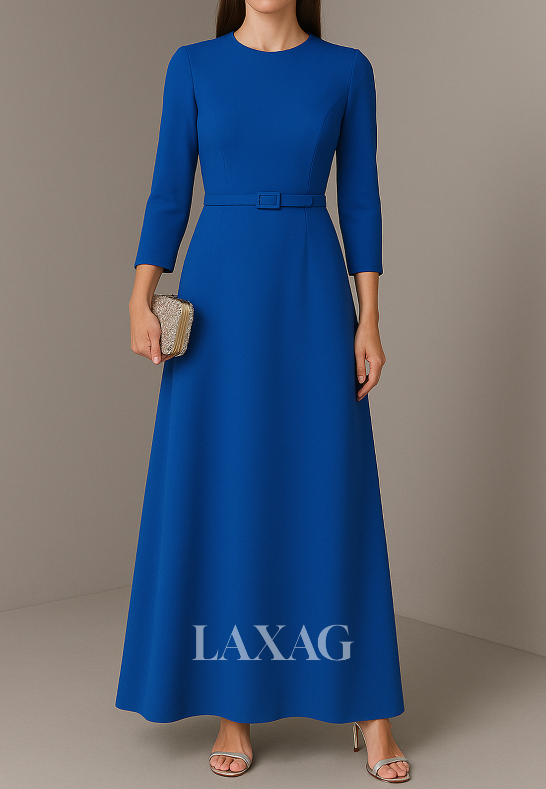 Simple Scoop-Neck 3/4-Sleeves A-Line Evening Dress Ankle-Length Satin Laxag Simple Scoop-Neck 3/4-Sleeves A-Line Evening Dress Ankle-Length Satin Laxag