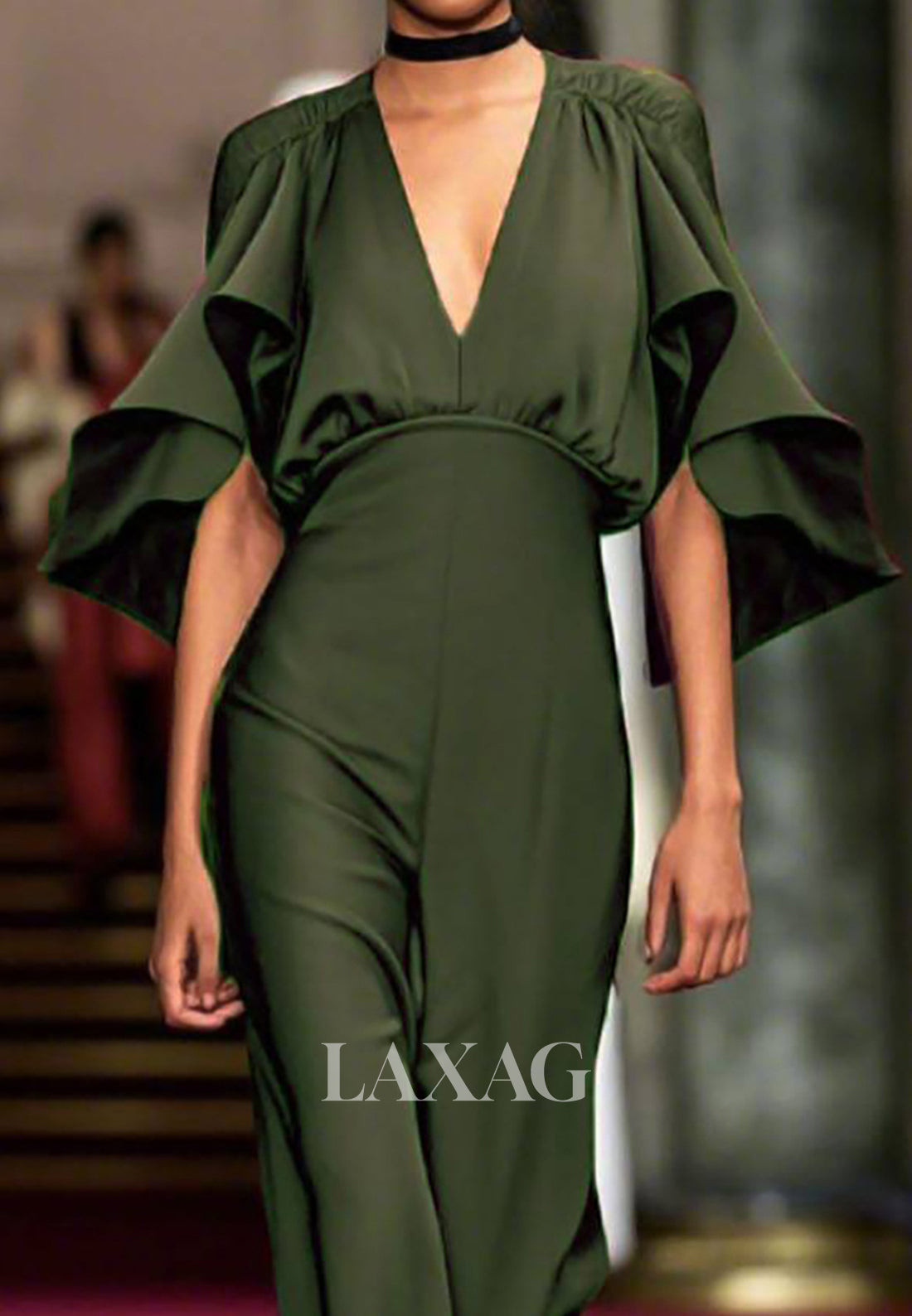 Ruffled Half-Sleeves Deep V-Neck Pleated Satin Simple Jumpsuit