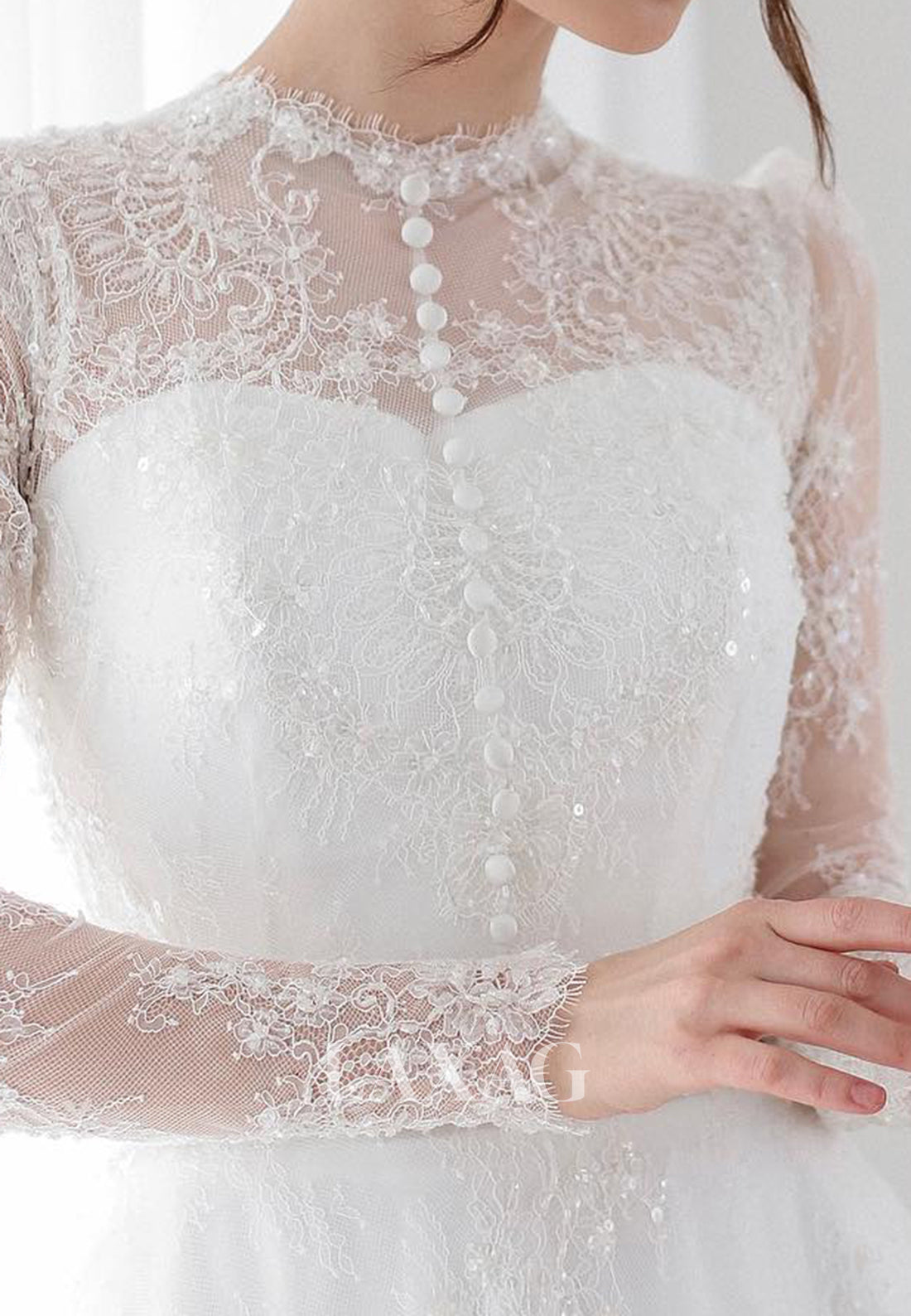 High-Neck Long-Sleeves Bride Gowns Sequined Allover Lace Pleated A-Line Wedding Dress with Train