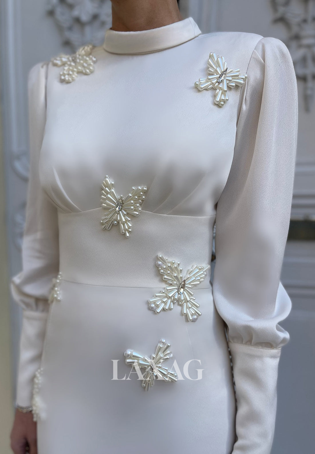 High-Neck Long-Sleeves Fitted Wedding Dress Butterfly Embellished Ankle-Length Bride Gowns