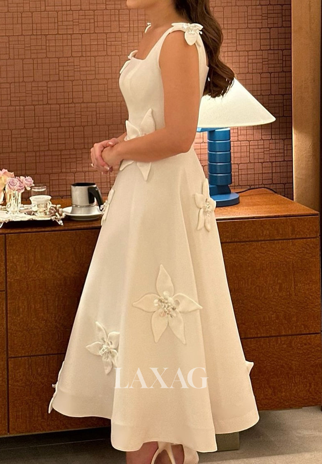 Sleeveless Straps Ankle-Length Bride Gowns Square-Neck Floral Embellished A-Line Wedding Dress