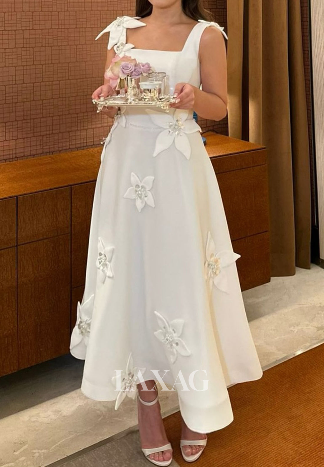 Sleeveless Straps Ankle-Length Bride Gowns Square-Neck Floral Embellis – Laxag