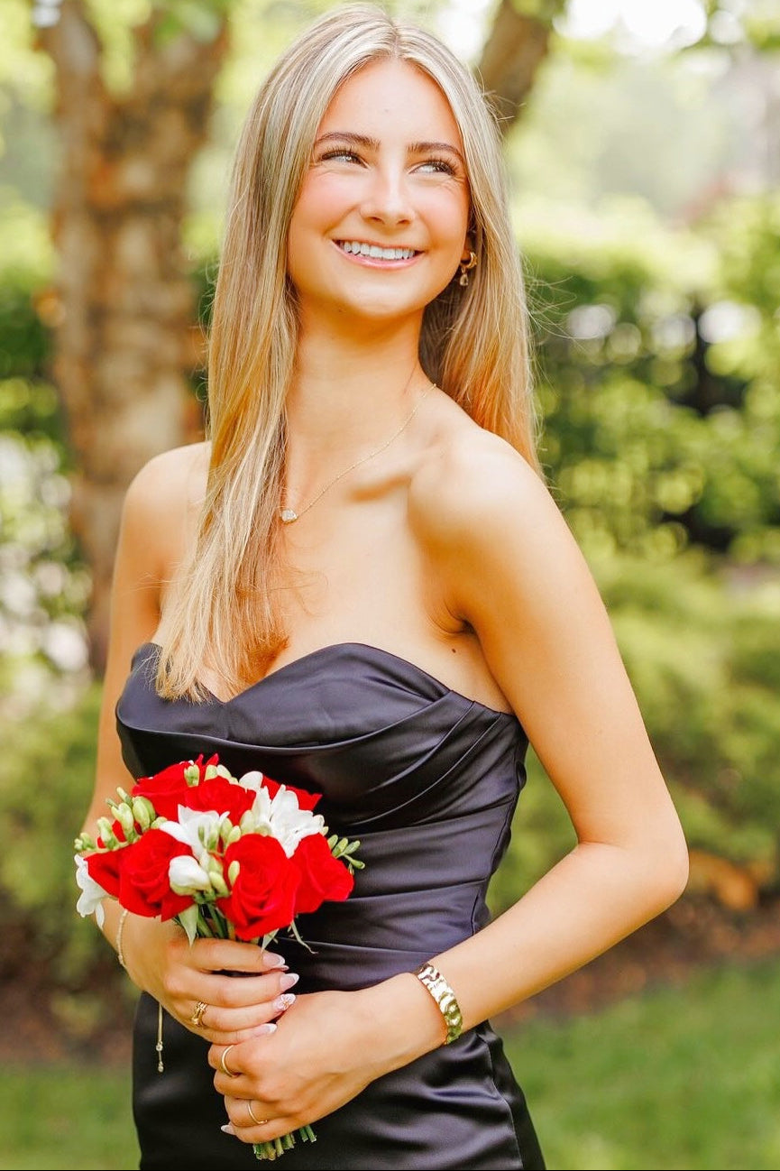 Off-Shoulder Sweetheart Pleated Satin Simple Mermaid Prom Dress with Slit