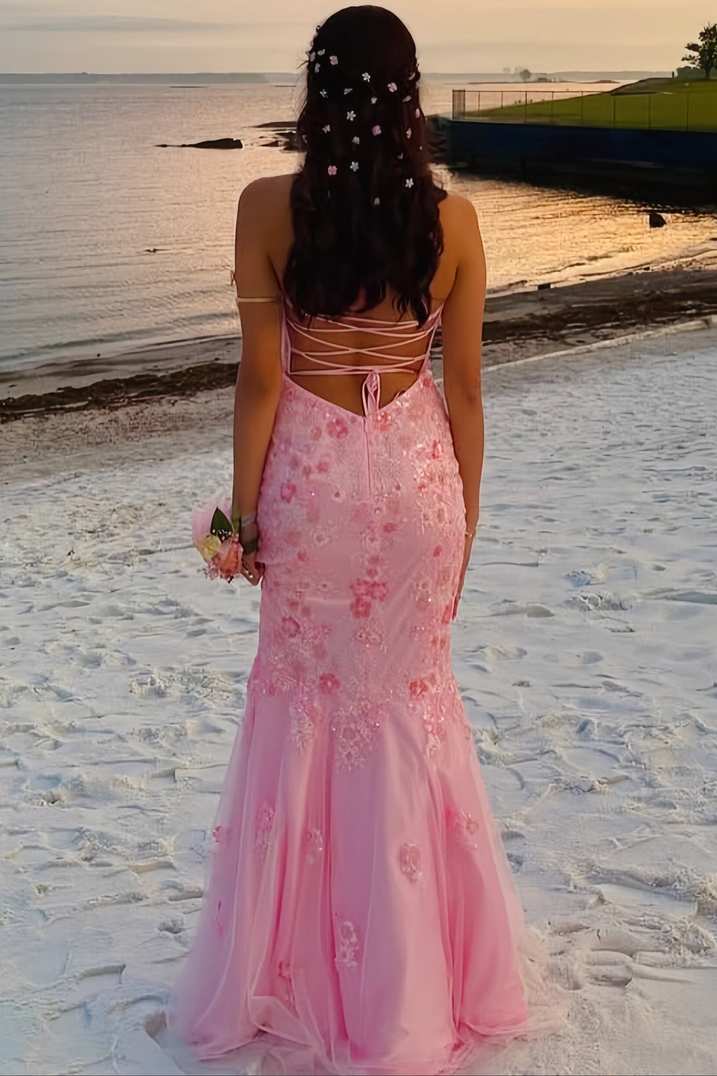 Sweetheart Off-Shoulder Beaded Sequined Flower Applique Mermaid Prom Dress