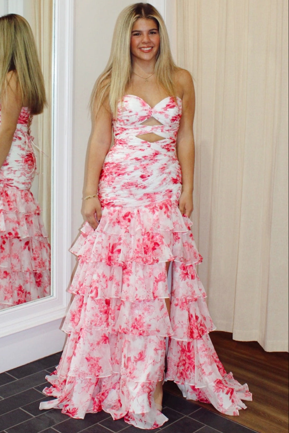 Off-Shoulder Sweetheart Floor-Length Print-Chiffon Pleated Tiered Slit Mermaid Prom Dress