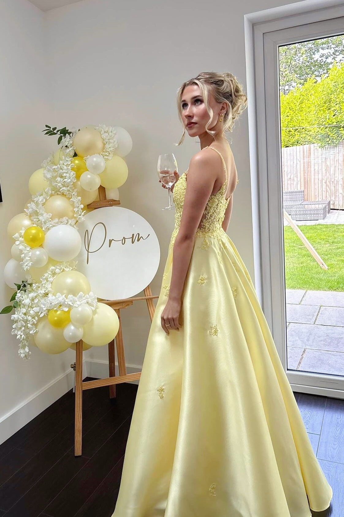 A-Line Spaghetti Strap V-Neck Sleeveless Applique Satin Pleated Long Prom Dress