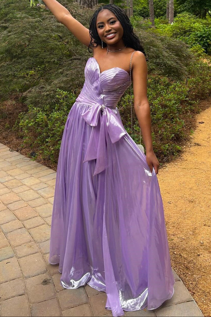 Sweetheart Off-Shoulder Sleeveless Metallic-Chiffon Pleated A-Line Prom Dress with Big Bow