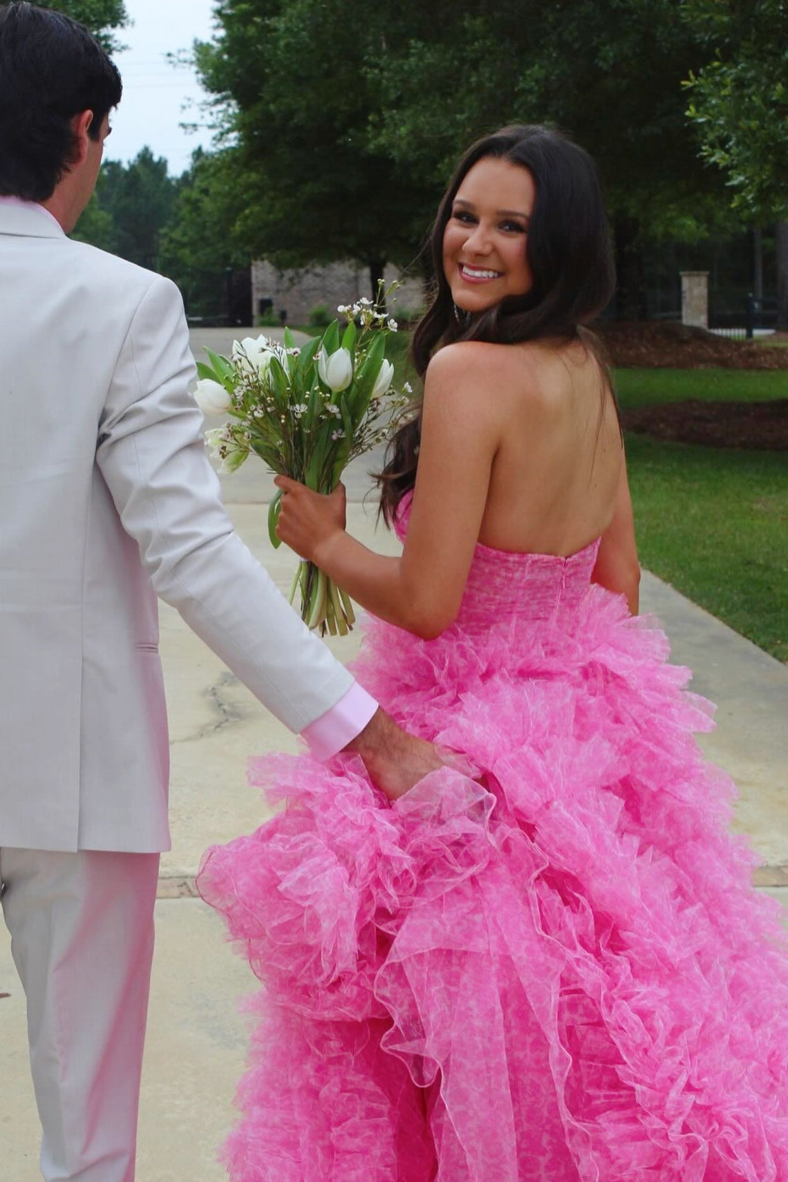 A-Line Sweetheart Off-Shoulder Sleeveless Applique Tulle Pleatged Tiered Prom Dress