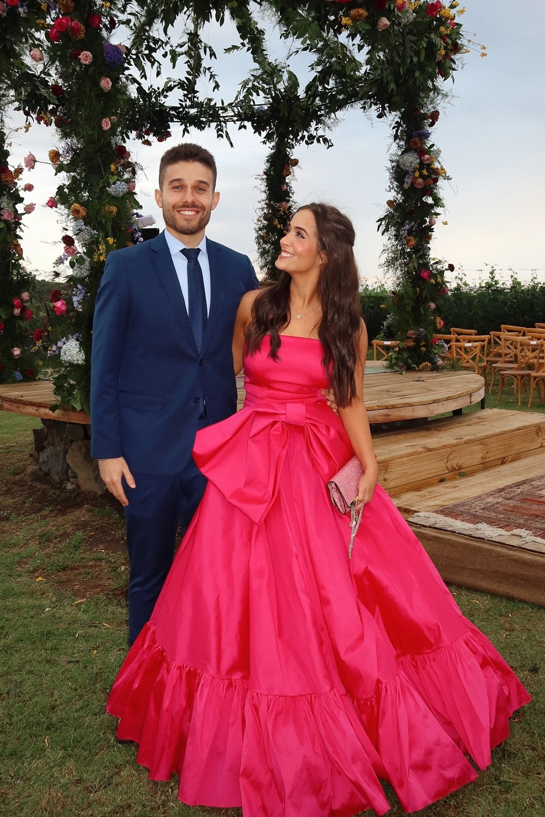 Off-Shoulder Tube Top Sleeveless Floor-Length Satin A-Line Prom Dress with Big Bow