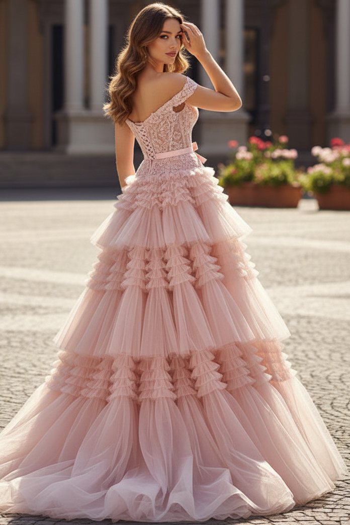 V-Neck Off-Shoulder Floor-Length Applique Tulle Pleated Ruffled Tiered A-line Prom Dress