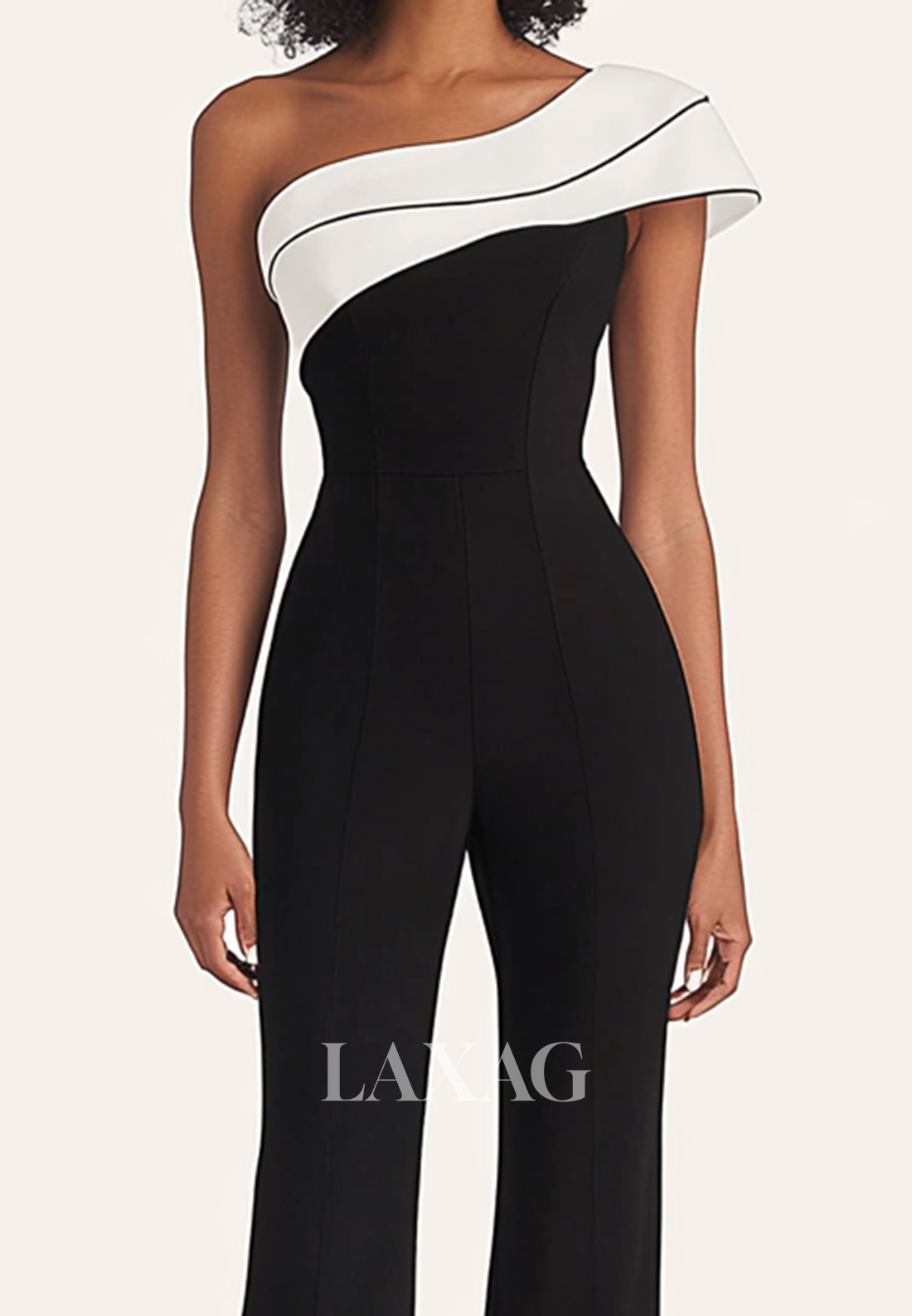 جمبسوت من الساتان ثنائي اللون بدون أكمام، برقبة غير متماثلة، مكشوف الكتفين