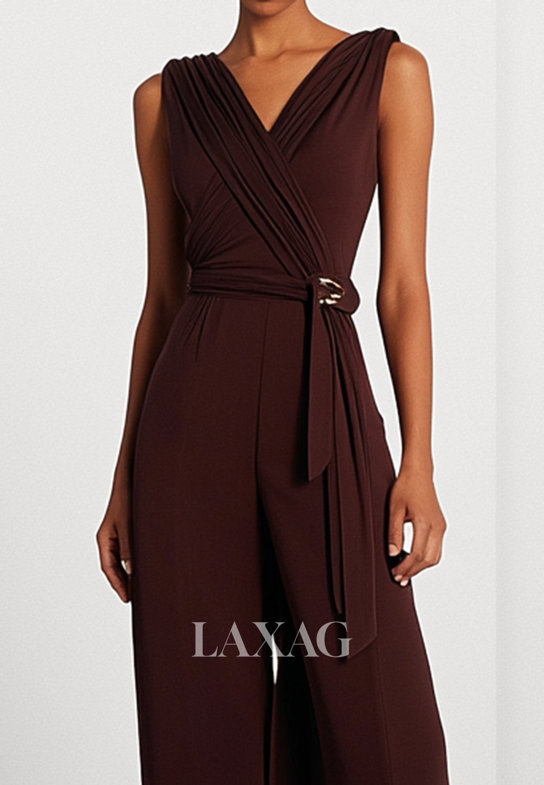 V-Neck Straps Off-Shoulder Sleeveless Pleated Satin Simple Jumpsuit