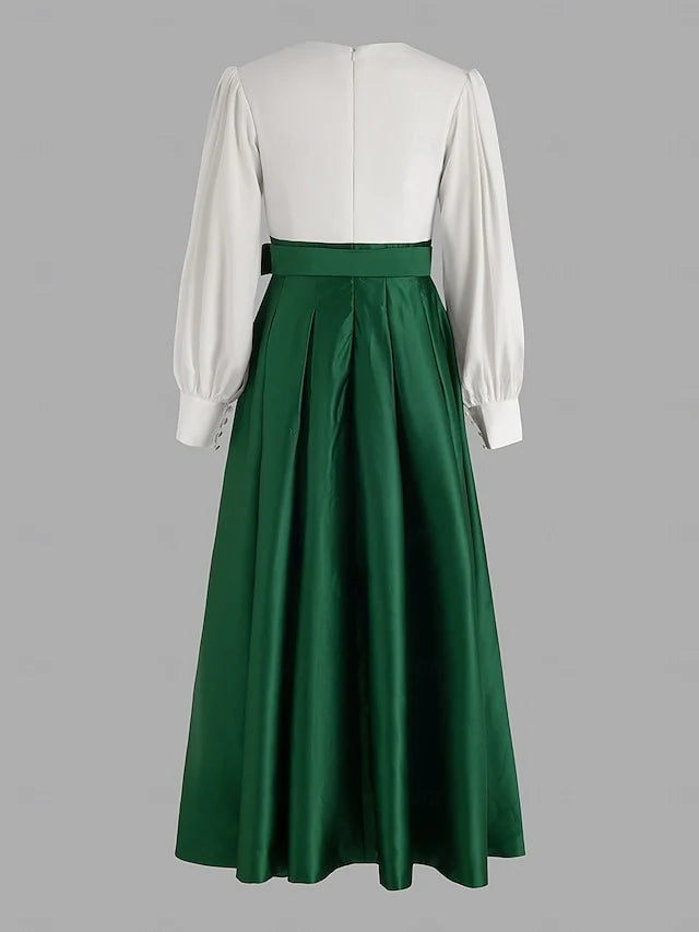 22486 - فستان أم العروس بأكمام طويلة وحزام إمبراطوري وفتحة رقبة على شكل حرف V