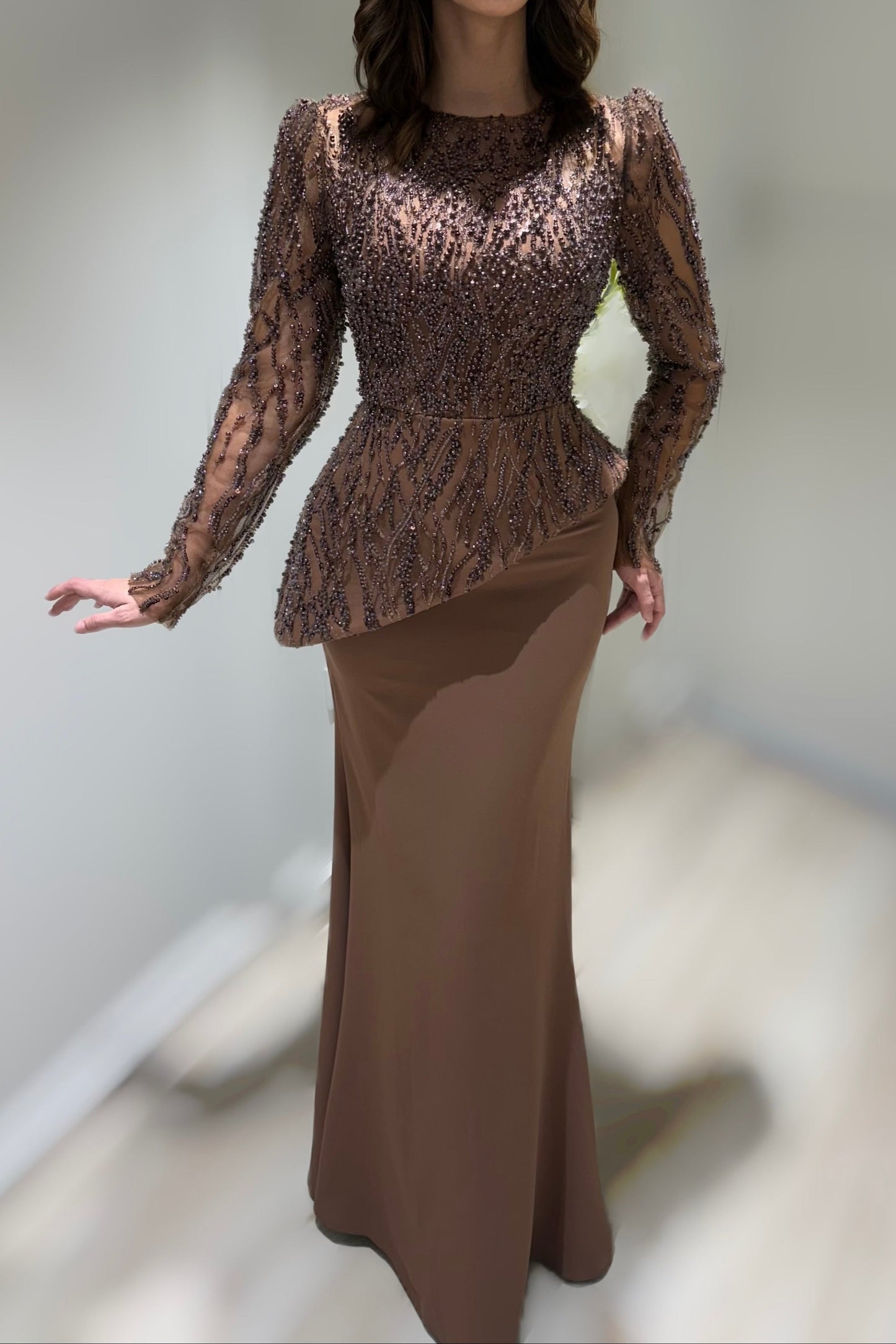 Scoop-Neck Long-Sleeves Sequined Beaded Satin Pleated Floor-Length Mermaid Evening Dress