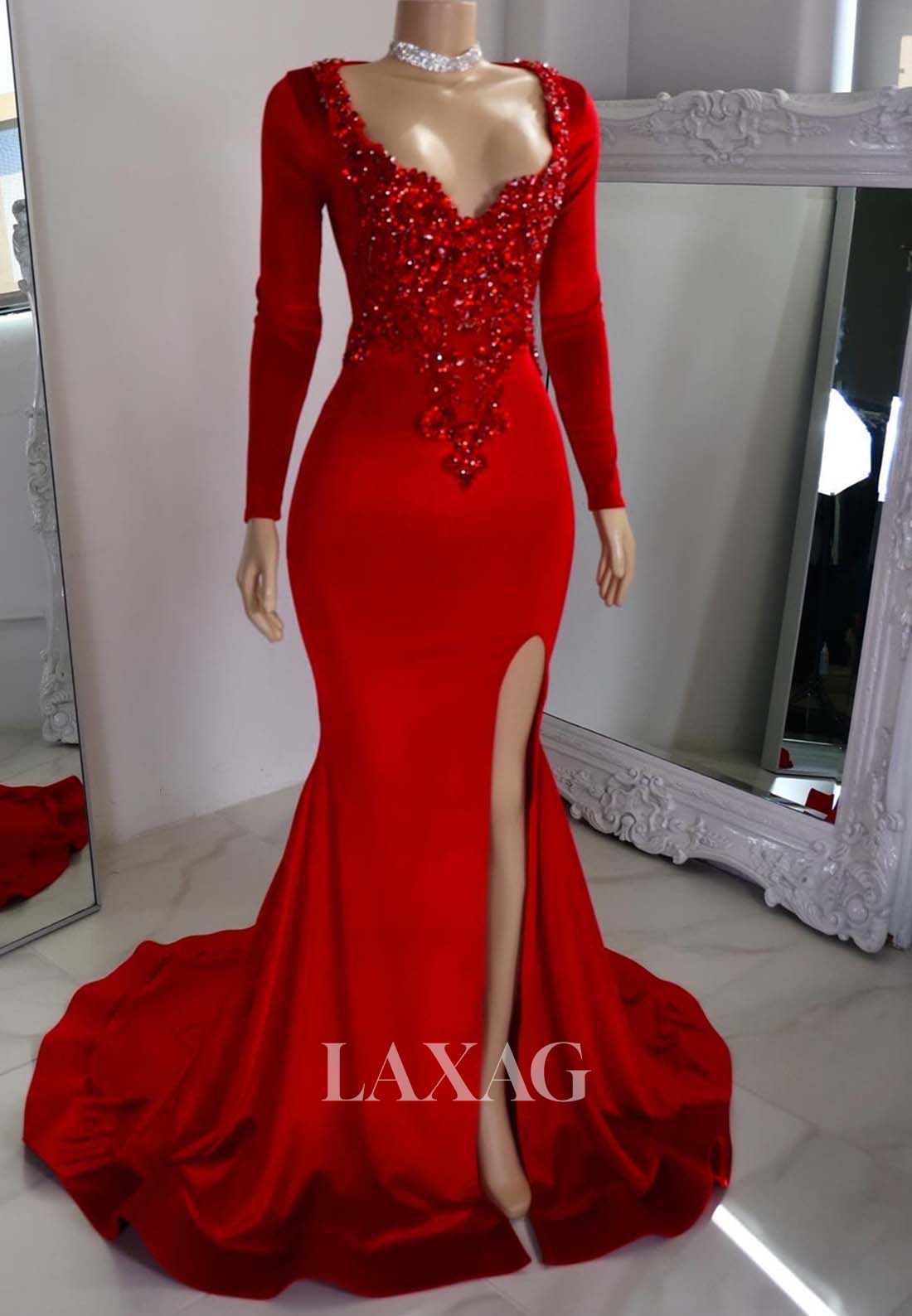 Sweetheart Long-Sleeves Beaded Slit Satin Mermaid Prom Dress for Black Laxag Sweetheart Long-Sleeves Beaded Slit Satin Mermaid Prom Dress for Black Laxag