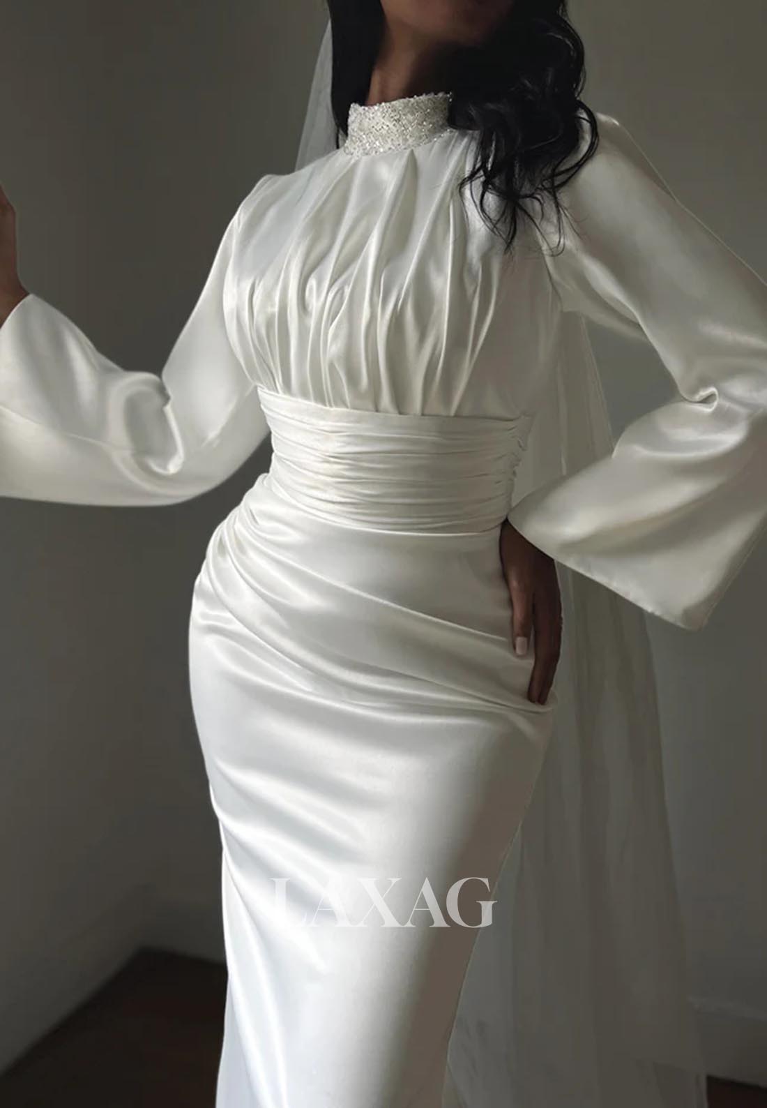 Beaded High-Neck Long-Sleeves Floor-Length Pleated Satin Mermaid Wedding Dress