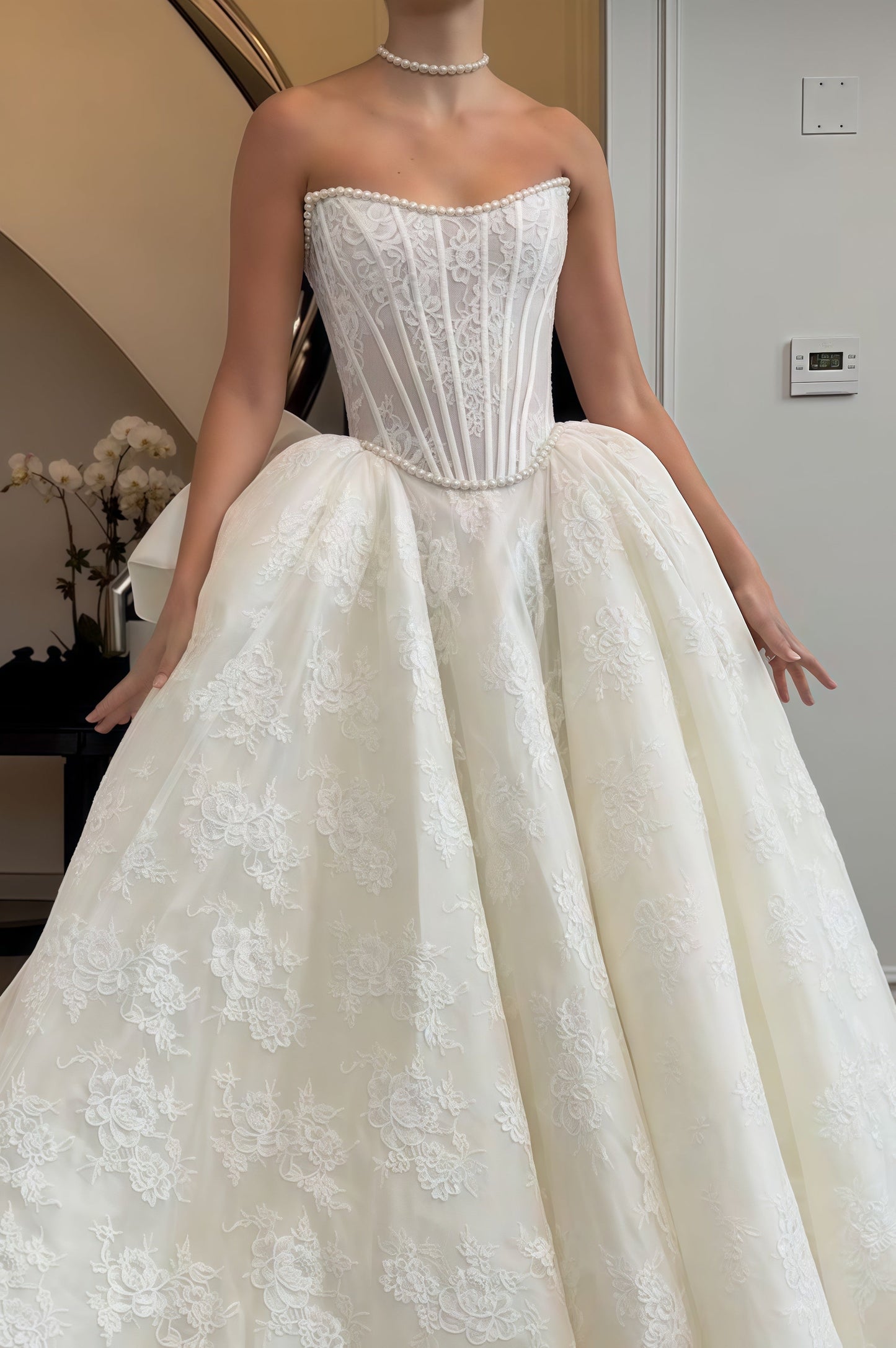 Tube Top Off-Shoulder Floor-Length Applique Lace Pleated A-Line Wedding Dress