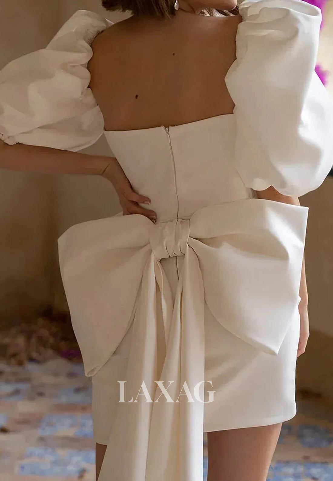 Sweetheart Off-Shoulder Pleated Satin Bride Gowns Short-Puff-Sleeves Short Mermaid Wedding Dress