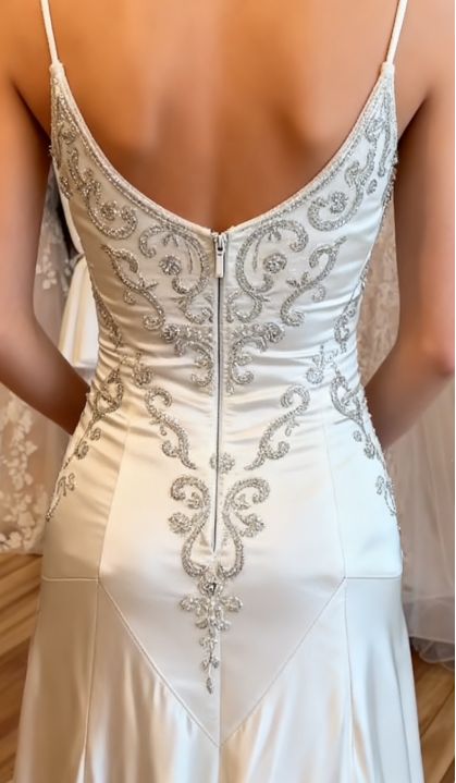 Scoop-Neck Spaghetti Straps Sleeveless Beaded Applique Satin Fitted Wedding Dress