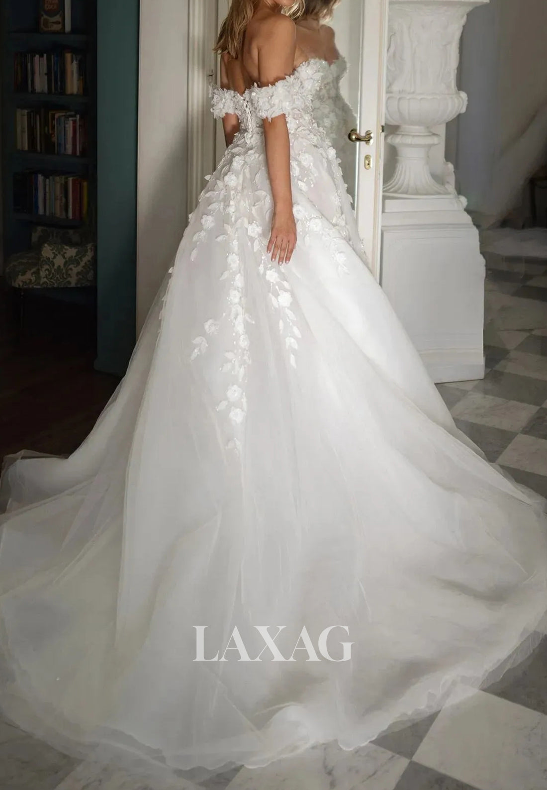 Sweetheart Off-Shoulder Sleeveless Bride Gowns Beaded Floral Embellished A-Line Wedding Dress