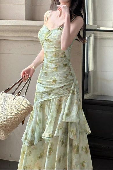 Sweetheart Spaghetti Straps Sleeveless Print-Chiffon Pleated Tiered Mermaid Prom Dress