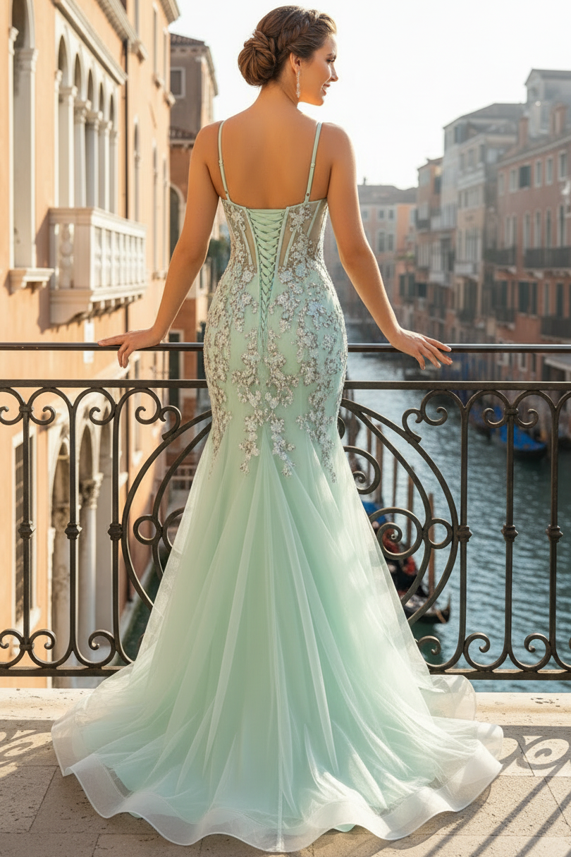 Sweetheart Spaghetti Straps Sequined Applique Tulle Pleated Trumpet Mermaid Prom Dress