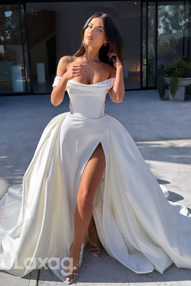 15660 - Off Shoulder Pearls Satin Mermaid Wedding Dress with Detachable Skirt 15660 - Off Shoulder Pearls Satin Mermaid Wedding Dress with Detachable Skirt