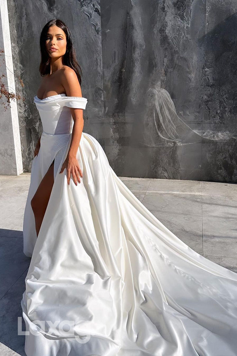 15660 - Off Shoulder Pearls Satin Mermaid Wedding Dress with Detachable Skirt