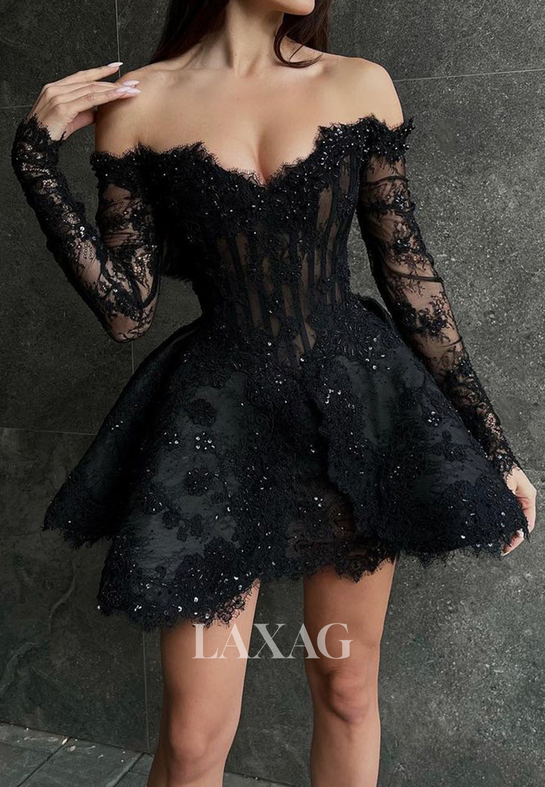 Sweetheart Off-Shoulder Long-Sleeves Sheer Lace Beaded Short A-Line Ho Laxag Sweetheart Off-Shoulder Long-Sleeves Sheer Lace Beaded Short A-Line Ho Laxag