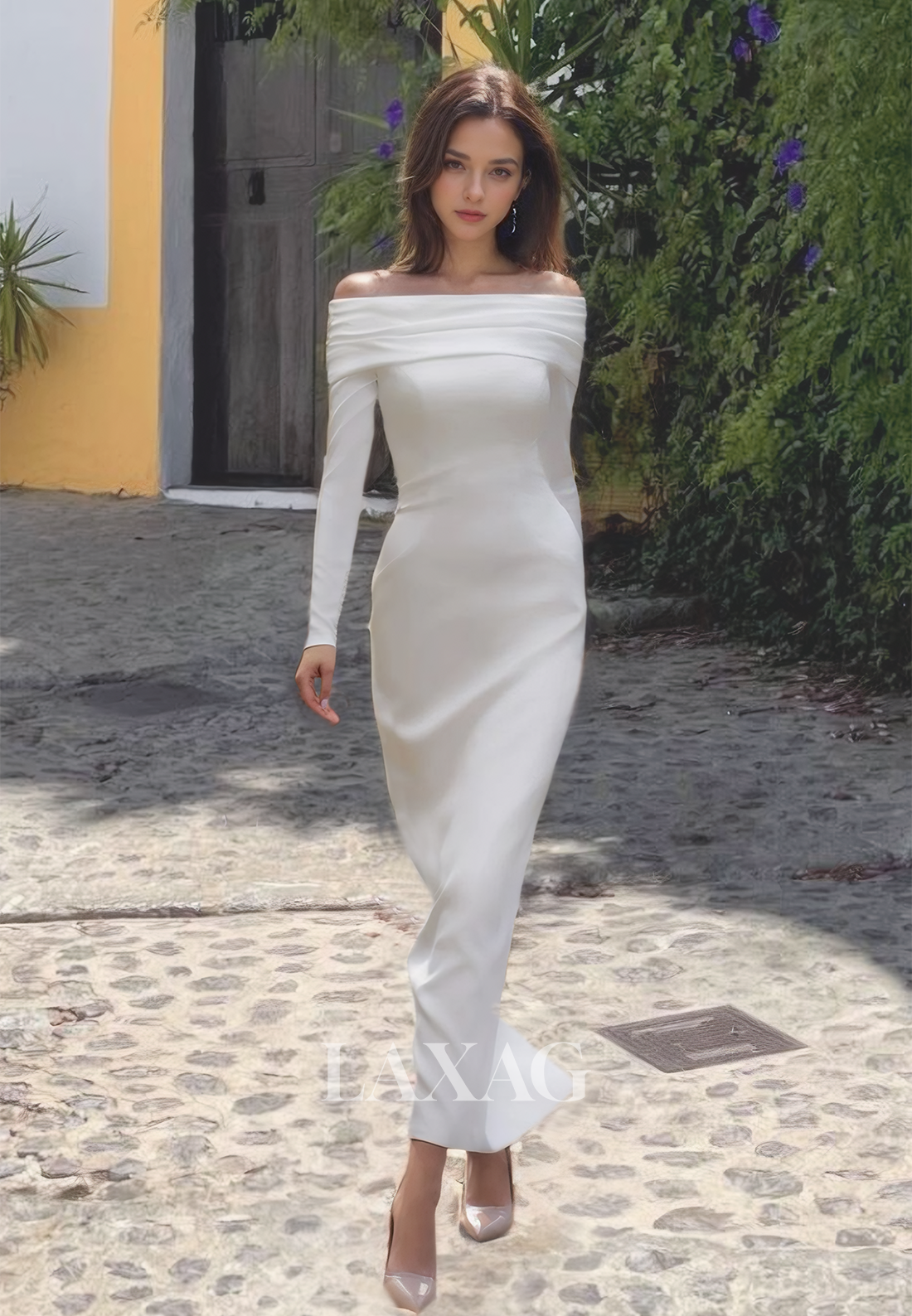 Off-Shoulder Long Sleeves Mermaid Beach Wedding Dress Pleated Satin Sl Laxag Off-Shoulder Long Sleeves Mermaid Beach Wedding Dress Pleated Satin Sl Laxag