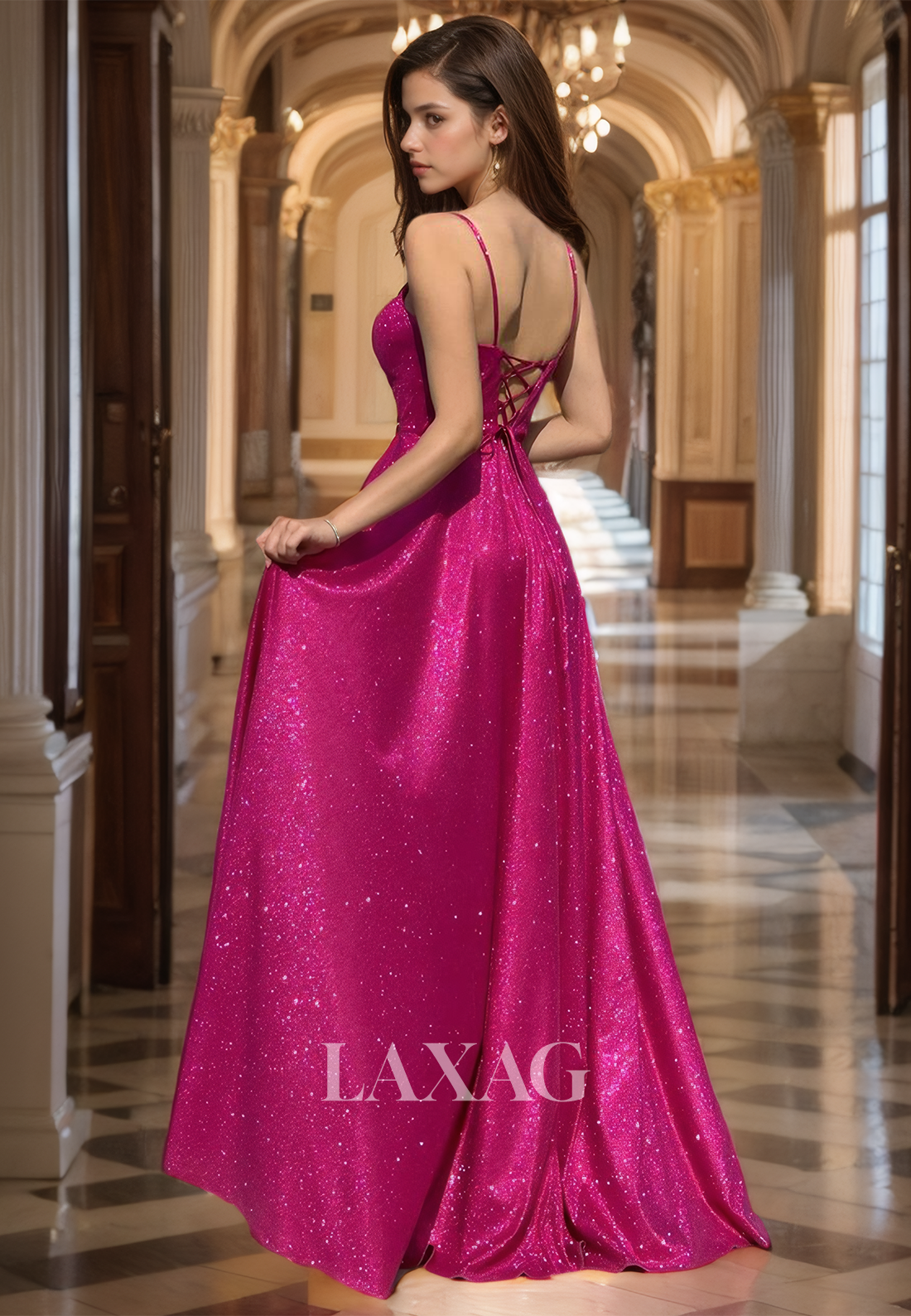 A-Line Spaghetti Straps V-Neck Off-Shoulder Glitter-Knit Pleated Prom Dress with High Slit