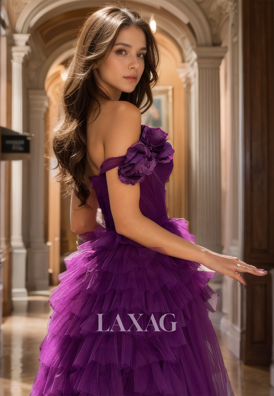 Off-Shoulder Sweetheart Sleeveless Tulle Formal Gowns Floral Embossed Pleated Tiered A-Line Prom Dress