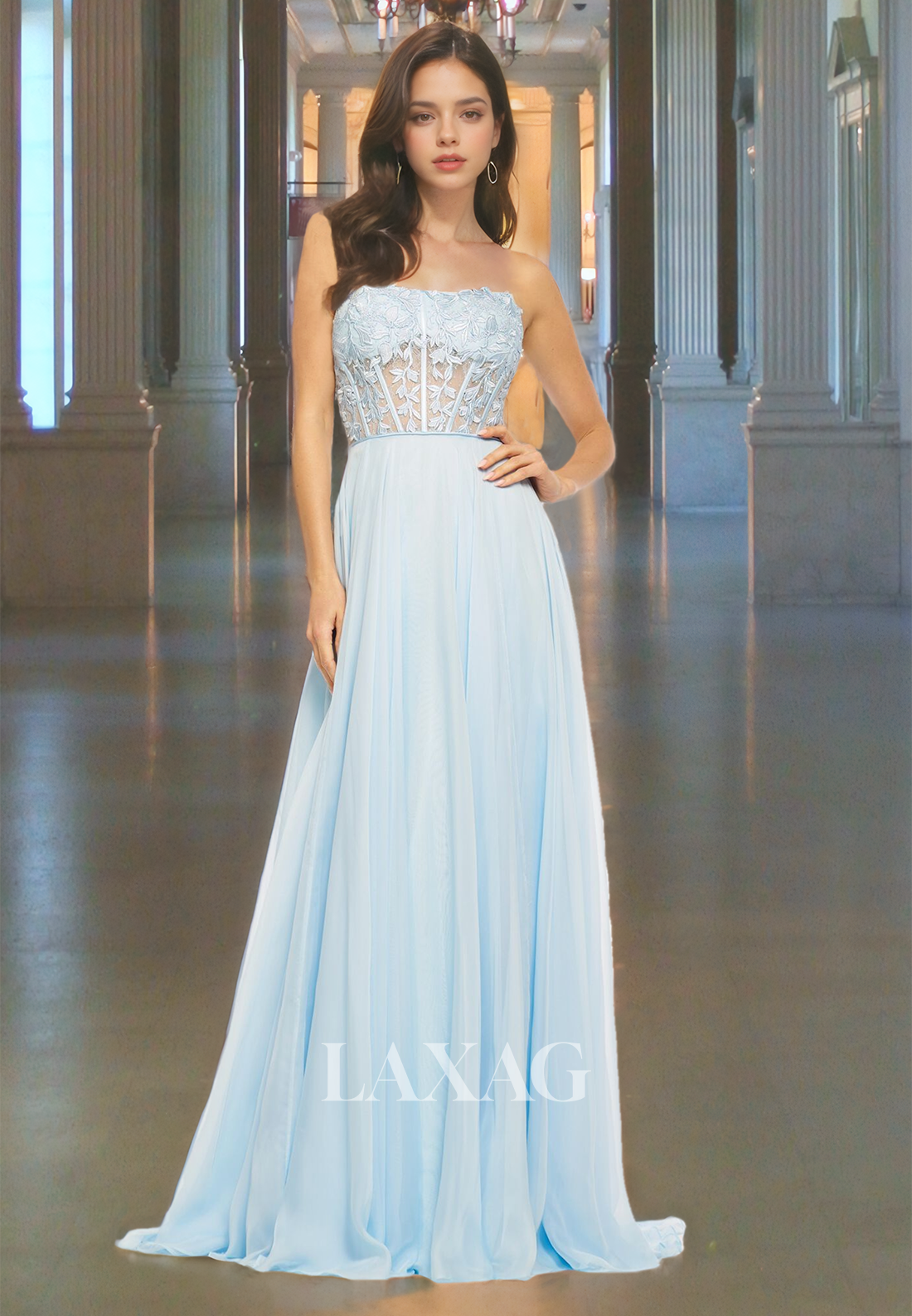 Tube Top Sleeveless Pleated Chiffon A-Line Prom Dress Lace Applique Sweep Train Evening Gowns Tube Top Sleeveless Pleated Chiffon A-Line Prom Dress Lace Applique Sweep Train Evening Gowns