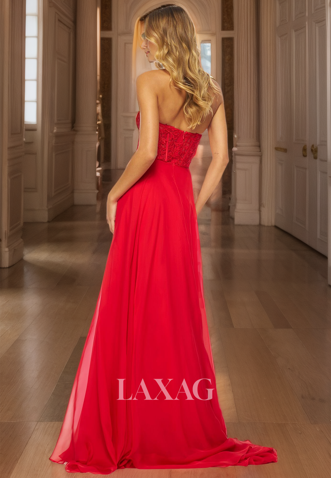 Tube Top Sleeveless Pleated Chiffon A-Line Prom Dress Lace Applique Sweep Train Evening Gowns