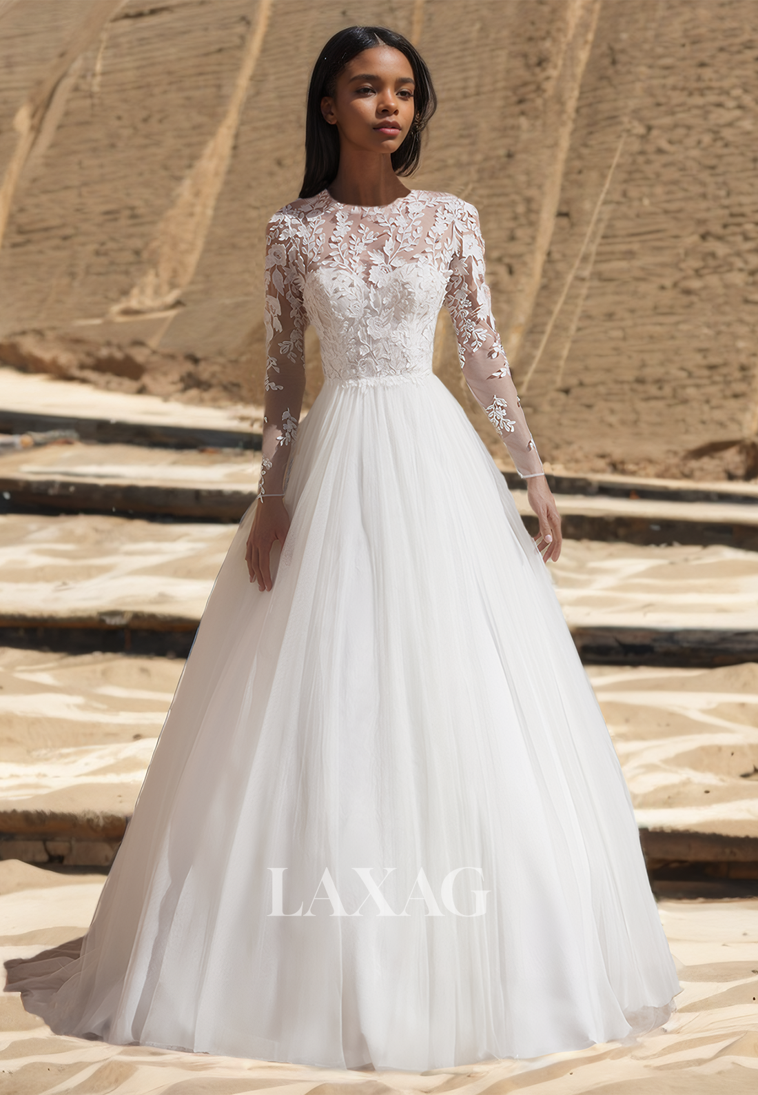 a-line scoop long sleeves floor-length with applique tulle dresses Long Sleevess Floor Length Applique Tulle A Line Scoop Wedding Dresses